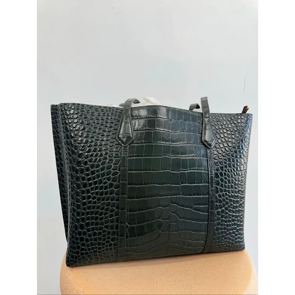 Tory Burch Perry Deep Kelp Green Embossed Triple Compartment Tote Bag